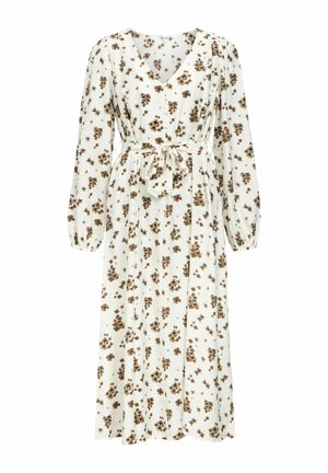 Balta midi kleita ar garām piedurknēm, brūnu ziedu rakstu, V veida izgriezumu, pogām priekšpusē, savāktām piedurknēm un auduma jostu, kas sasieta viduklī.