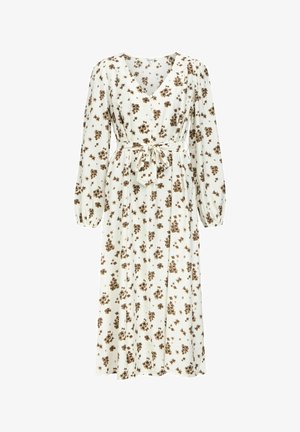 Balta midi kleita ar garām piedurknēm, brūnu ziedu rakstu, V veida izgriezumu, pogām priekšpusē, savāktām piedurknēm un auduma jostu, kas sasieta viduklī.