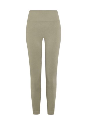 Leggings vert olive avec une taille haute, fabriqués à partir d'un tissu doux et extensible. Caractéristiques d'un design sans coutures et d'une coupe effilée vers les chevilles.