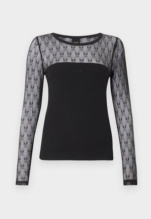 Μαύρο μακρυμάνικο τοπ με διάφανο διαπνέον ύφασμα στο πάνω μέρος του στήθους και στα μανίκια, με επαναλαμβανόμενο μοτίβο από λουλουδάτη δαντέλα.