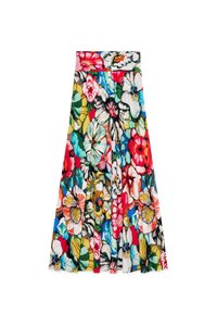 Bloemenprint rok met een brede tailleband, met levendige kleuren zoals rood, blauw, groen en geel. Geplooide stof voegt textuur toe.