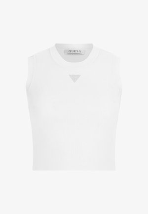 Bijela kratka bezrukavna majica od rebrastog materijala s okruglim izrezom i malim srebrnim trokutastim logotipom sprijeda.