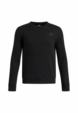 Zwarte trui met lange mouwen en een ronde hals, met geribbelde boorden en zoom, met een klein Under Armour-logo op de linkerborst.