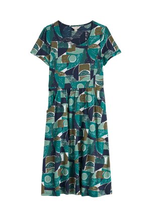 Abito a maniche corte in teal, blu navy e verde con motivo di forme astratte. Realizzato in tessuto leggero con tasche laterali e vita arricciata.