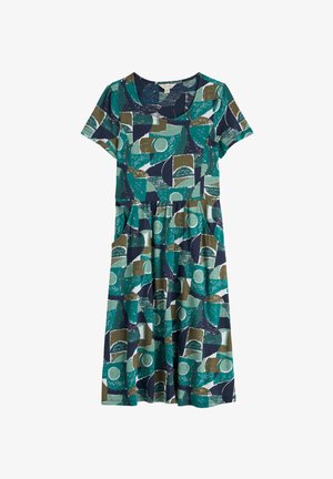 Kortærmet kjole i teal, navy og grønne mønstre med abstrakte former. Lavet af letvægtsstof med sidelommer og en samlet talje.