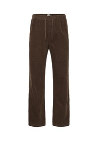 Brown corduroy pants with a relaxed fit, featuring an elastic waistband, drawstring detail, and vertical ribbed texture.