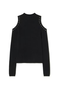 Top de punto negro de manga larga con cortes en los hombros y detalles de ojales plateados a lo largo de las costuras de los hombros.