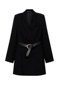 Schwarze Blazer mit langen Ärmeln, maßgeschneidertem Design, Gürtel mit Goldring-Akzent, doppelte Knopfleiste und glatter Textur.