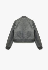 Grå uld bomberjakke med ribbet krave og mansjetter, cropped design, og dobbelt søm, der skaber et struktureret bagpanel.