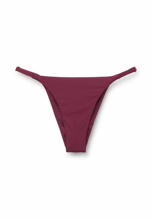 Bikini onderkant in diep bordeauxrood, gemaakt van glad, rekbaar materiaal. Kenmerkt zich door dunne zijbanden en een minimalistisch ontwerp.