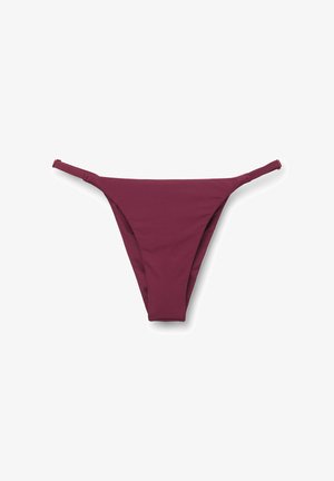 Bikini bottom in deep burgundy, made of smooth, stretchy fabric. Features thin side straps and a minimal coverage design.