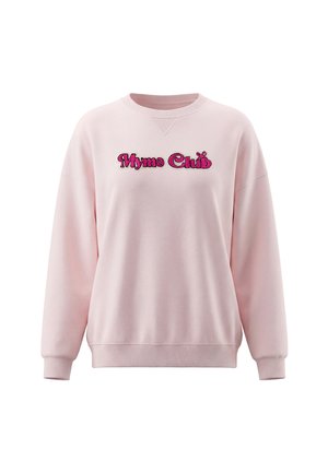 Hellrosa Sweatshirt mit langen Ärmeln, gerippten Bündchen und Saum, mit leuchtend pinkem "Mymo Club" Text auf der Brust gestickt.