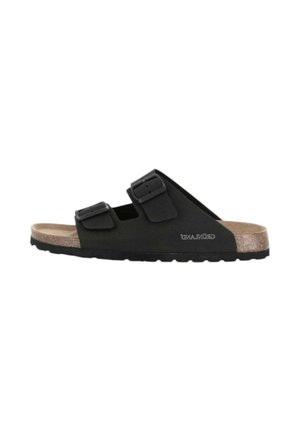 Sandalo nero con punta aperta con due cinturini regolabili con fibbia e sottopiede in sughero con suola in gomma nera.