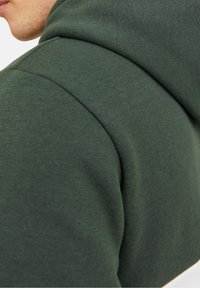 Sudadera con capucha de algodón verde que presenta una textura suave, costuras dobles y un diseño entallado. No se observan gráficos ni patrones visibles.
