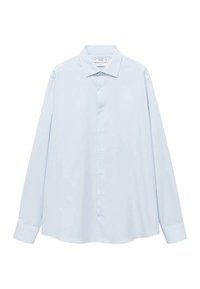  Lichtblauwe lange mouwen shirt gemaakt van gladde stof, met een volledige knoopsluiting aan de voorkant, een spitse kraag en een afgeronde zoom. Eenvoudig en klassiek ontwerp.