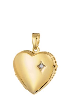 Gold herzförmiges Medaillon mit polierter Oberfläche, das einen kleinen diamantähnlichen Sternakzent nahe der Mitte und einen sicheren Scharnierverschluss aufweist.