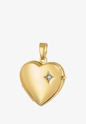 Gold herzförmiges Medaillon mit polierter Oberfläche, das einen kleinen diamantähnlichen Sternakzent nahe der Mitte und einen sicheren Scharnierverschluss aufweist.