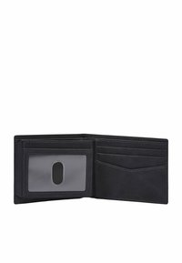 Portefeuille en cuir noir avec plusieurs emplacements pour cartes, une fenêtre transparente pour la carte d'identité et des détails de surpiqûres contrastantes. Design compact et pliable.