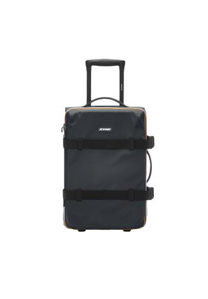 Valigia rettangolare nera con ruote e maniglia telescopica, due cinturini orizzontali sulla parte anteriore e logo KWAY centrato vicino alla parte superiore.