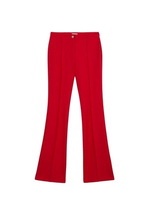 Czerwone spódnie w kształcie dzwonów, wykonane z gładkiego materiału, z zapięciem na guzik z przodu i dwoma zakładkami z przodu dla dodania detali.