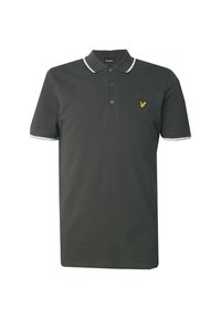 Polo shirt verde scuro con colletto, due bottoni, bordatura bianca sulle maniche e un piccolo logo giallo ricamato sul petto. Materiale in cotone.