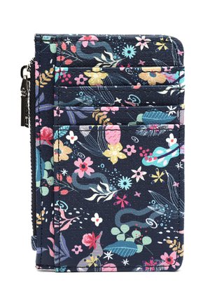 Donkerblauwe stoffen kaarthouder met ritssluiting, versierd met kleurrijke bloemen- en bladpatronen in roze, geel, blauwgroen en wit.