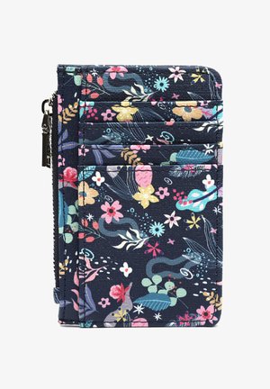 Donkerblauwe stoffen kaarthouder met ritssluiting, versierd met kleurrijke bloemen- en bladpatronen in roze, geel, blauwgroen en wit.