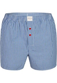 Modré a bílé kostkované bavlněné boxerky, se silikonovým pasem a dvěma červenými knoflíky na zipu pro zapínání.