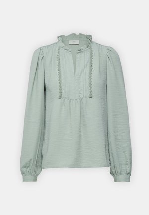 Light green long-sleeve blouse with pleated front and a ruffled collar. Features elasticized cuffs and intricate lace detailing.