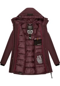 Maroon puffer jacket with a lined hood, featuring pink accents, a quilted interior, and multiple inner pockets. Decorated with logos.