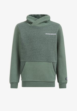 Zielona dwukolorowa bluza z kapturem z zakładką przy szyi, kieszenią kangura, ściągaczami na mankietach oraz napisem „MOVING FORWARD” na górnej lewej piersi.