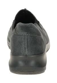 Rückansicht eines dunkelgrauen Wildleder-Slipper mit schwarzer Gummisohle und sichtbarem Nähen an der Ferse.