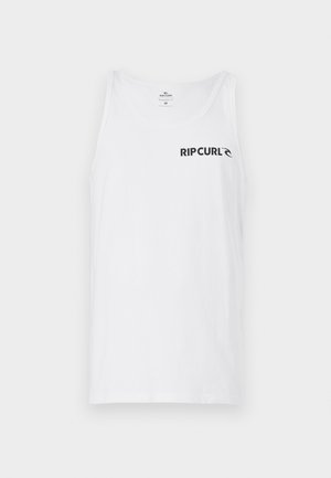 Biely bavlnený top bez rukávov s čiernym logom "RIPCURL" na ľavej strane. Jednoduchý dizajn s okrúhlym výstrihom a strihom bez rukávov.