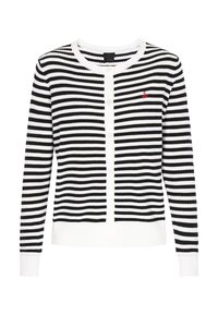 Schwarz-weißer gestreifter Cardigan mit rundem Ausschnitt, Knopfverschluß vorne und kleinem roten Ankerdetail auf der linken Brust. Gerippte Bündchen und Saum.