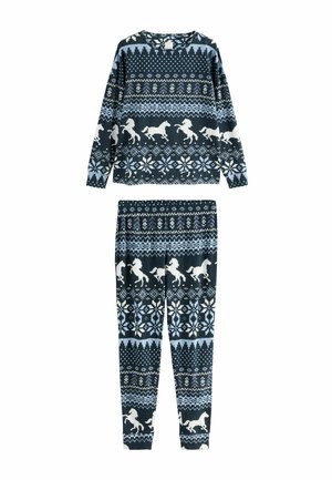 Navy blue patterned pajama set featuring long sleeves and elastic waistband, decorated with white horses, snowflakes, and geometric designs.