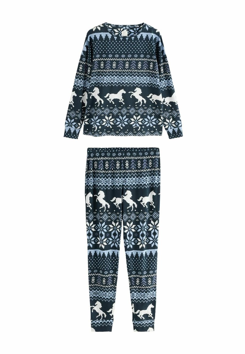 Navy blue patterned pajama set featuring long sleeves and elastic waistband, decorated with white horses, snowflakes, and geometric designs.