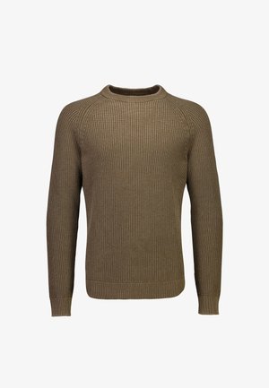 Jersey de punto acanalado marrón con mangas largas y cuello redondo, presentado plano sobre un fondo blanco.