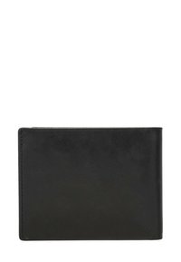 Portafoglio in pelle nera con una superficie liscia, forma rettangolare e cuciture minime. Senza hardware o dettagli visibili.