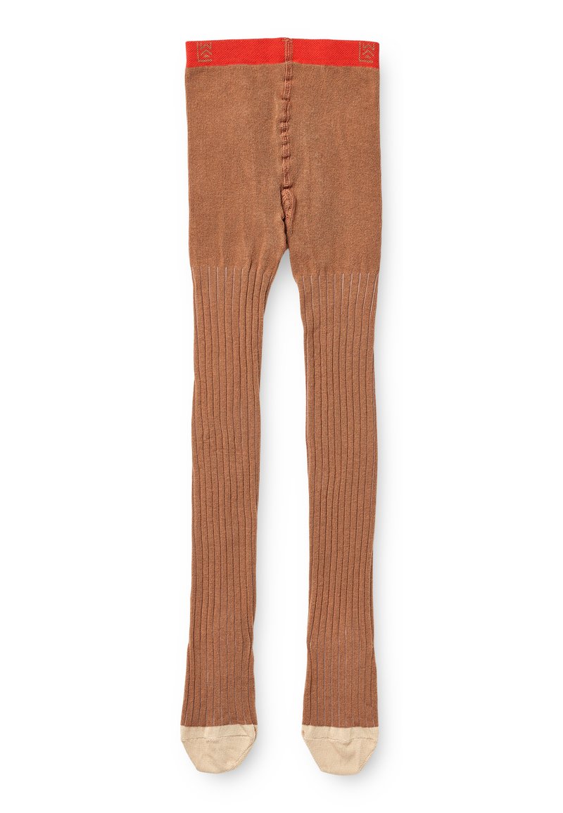 Brune ribbete strømpebukser med rød midje og lysebeige fotseksjoner. Laget av elastisk materiale for komfort og passform.
