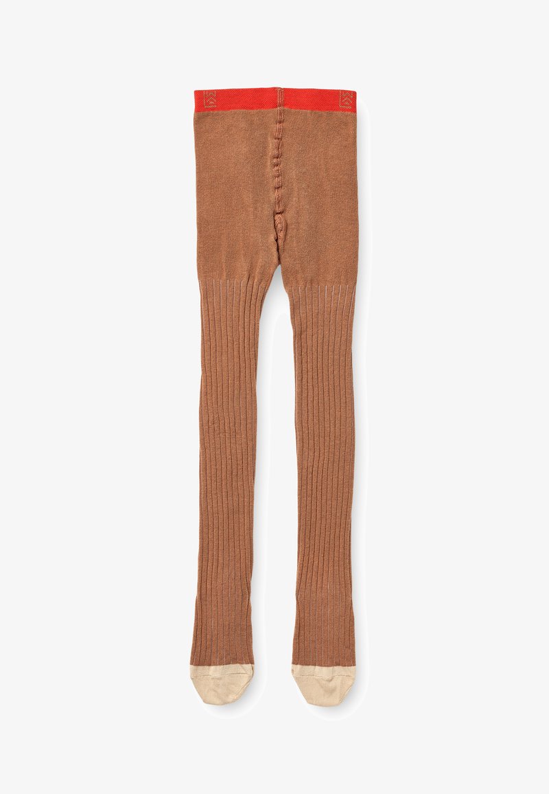 Hnědé žebrované punčocháče s červeným pasem a světle béžovými částmi na chodidlech. Vyrobené z elastického materiálu pro pohodlí a dobré padnutí.