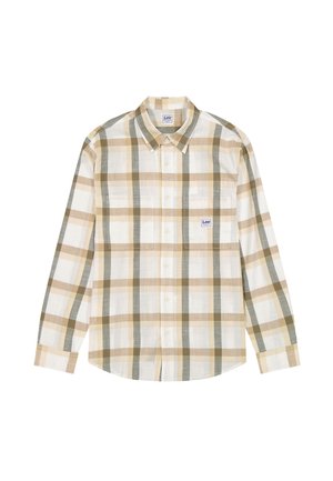 Overhemd met lange mouwen en knopen, met een beige, lichtbruin en grijs ruitpatroon en twee borstzakken, waarvan één met een Lee-logo patch.