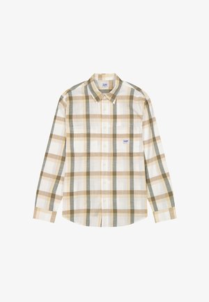 Camicia a maniche lunghe con bottoni, motivo a quadri beige, marrone chiaro e grigio, con due tasche sul petto, una delle quali con una toppa con il logo Lee.
