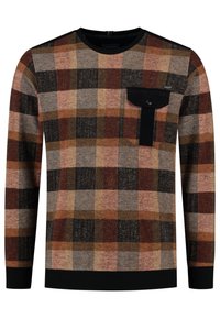 Maglione da uomo a maniche lunghe con scollo a giro, con un motivo a quadri marrone, arancione e grigio, rifinito con bordi neri e una tasca sul petto con bottone nera.