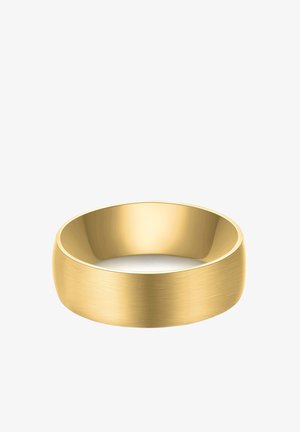 Gold band ring with a brushed finish, smooth edges, and a rounded shape. Features a consistent golden color without additional embellishments.