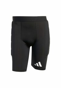 Schwarze Sportshorts aus dehnbarem Material, mit gepolsterten Seitenpaneelen und einem weißen Logo-Akzent am unteren linken Bein.