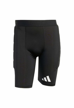 Black athletic shorts made from stretchy fabric, featuring padded side panels and a white logo accent on the lower left leg.