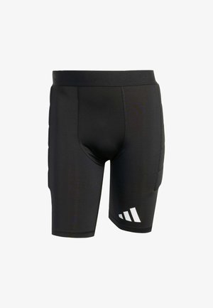 Black athletic shorts made from stretchy fabric, featuring padded side panels and a white logo accent on the lower left leg.