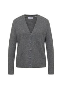 Cardigan grigio realizzato in morbido tessuto a maglia, con scollatura a V, maniche lunghe e sei bottoni abbinati lungo la parte anteriore.