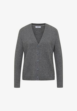Cardigan gris en maille douce, présentant un décolleté en V, des manches longues et six boutons assortis sur le devant.