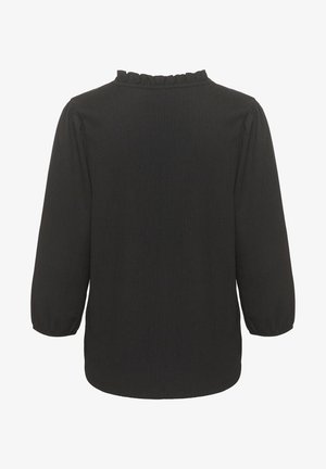 Blouse noire à manches longues avec poignets froncés et un petit détail volanté le long de l'encolure ronde, vue de dos.